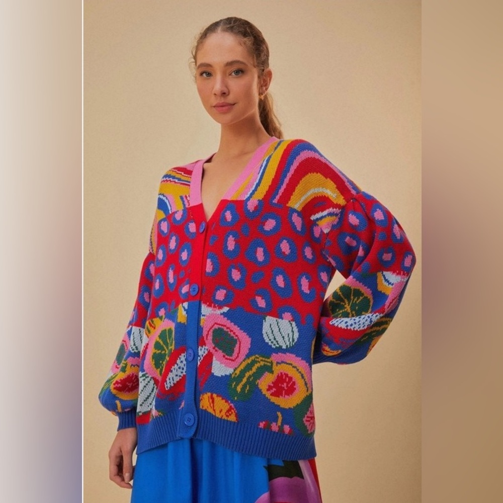 FARM Rio Multicolor Patchwork Knit Cardigan - Red, Blue, Pink, Yellow, Green